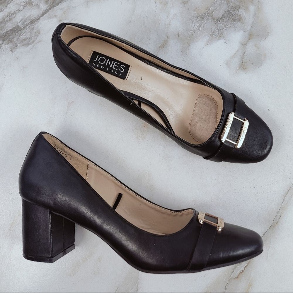 Jones New York Korban Black Faux Leather 2.5" Block Heel Buckle Pumps, 8